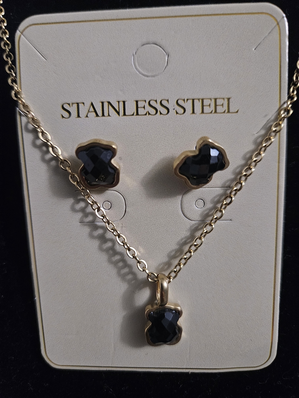 Gold Stainless Steel Necklace and Earrings Set with Black Stones